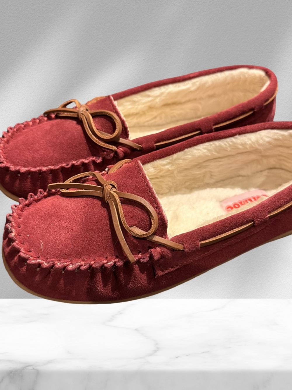 Soft Moc Women’s burgundy Suede Faux-Fur Lined Moccasin Slippers size 8 new